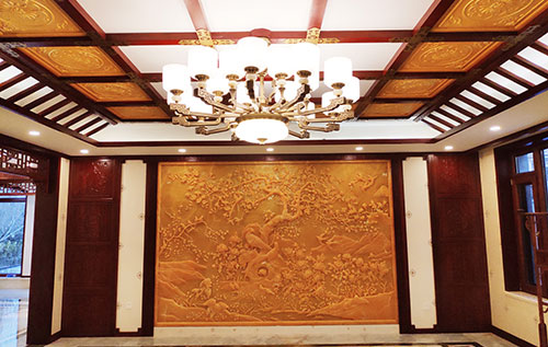 威宁中式别墅客厅中式木作横梁吊顶装饰展示